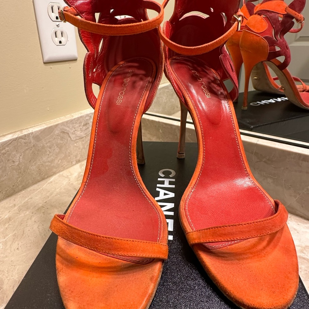 Sergio Rossi Orange/Maroon Suede Matisse Ankle Strap Sandals